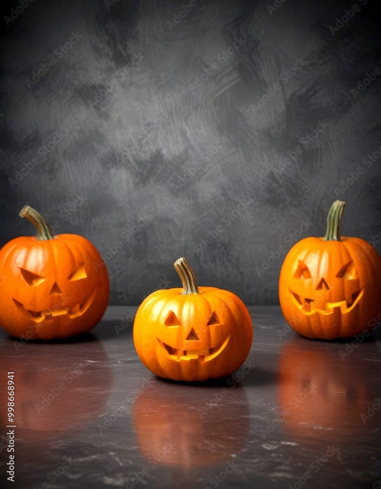 Poster Three carved pumpkins with smiling faces are arranged on a dark surface, creating a festive and spooky Halloween atmosphere