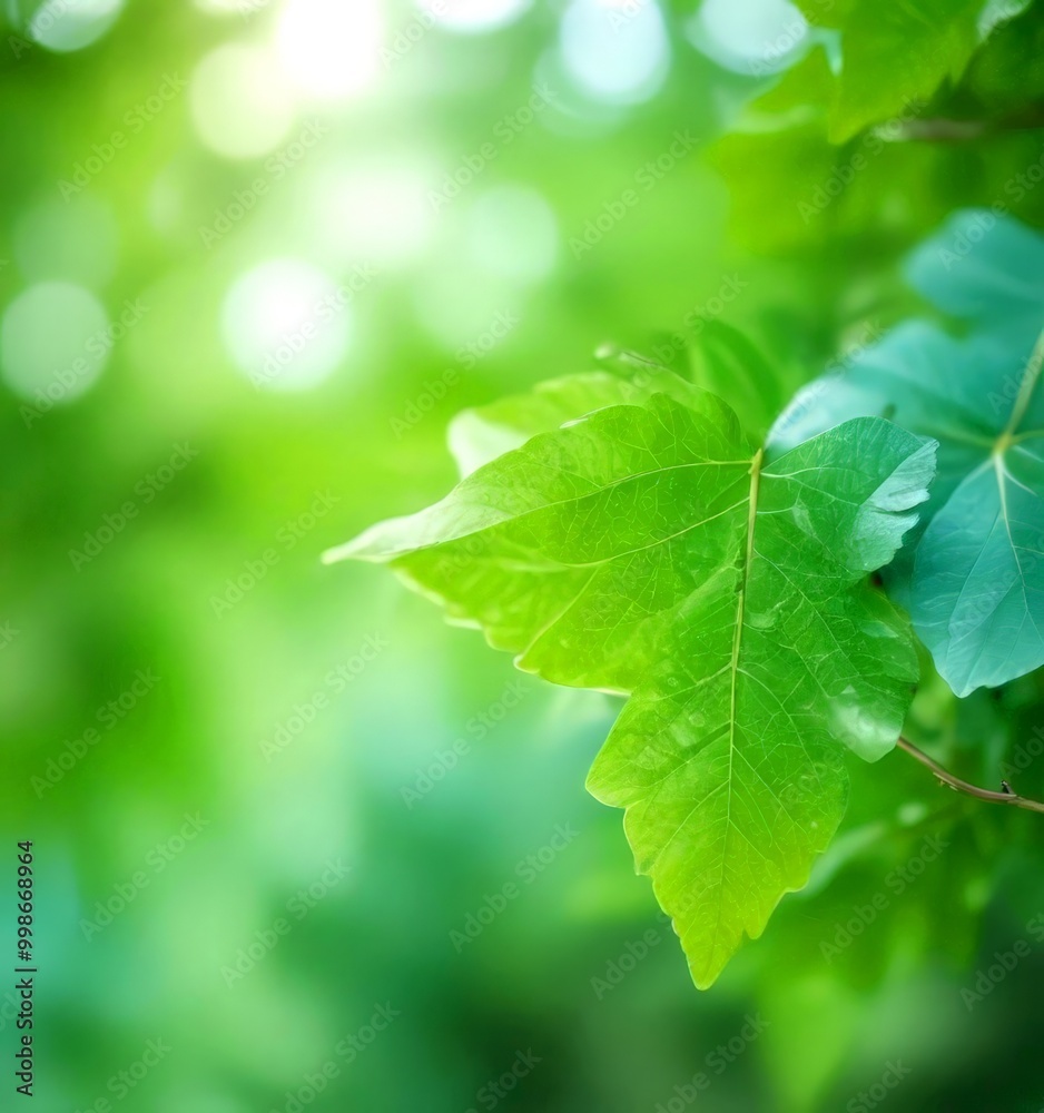 Poster a close-up view green leaf with a blurred background of more leaves and sunlight