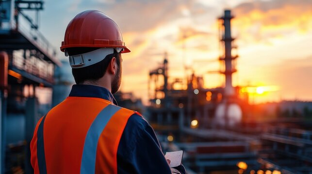 Construction Worker at Industrial Site During Sunset