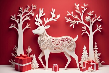 Abstract paper cut reindeer animal portrait with christmas decoration illustration, winter holiday seasonal theme concept texture design. 
