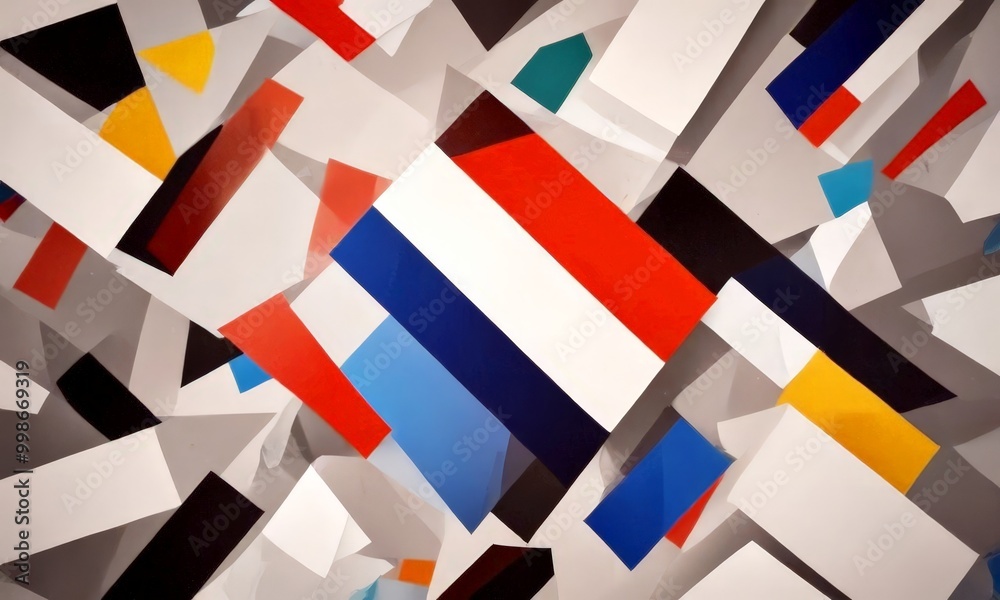 Aufkleber a vibrant abstract composition of overlapping geometric shapes in various colors, including red, blue, yellow, and black, creating a dynamic and visually striking pattern