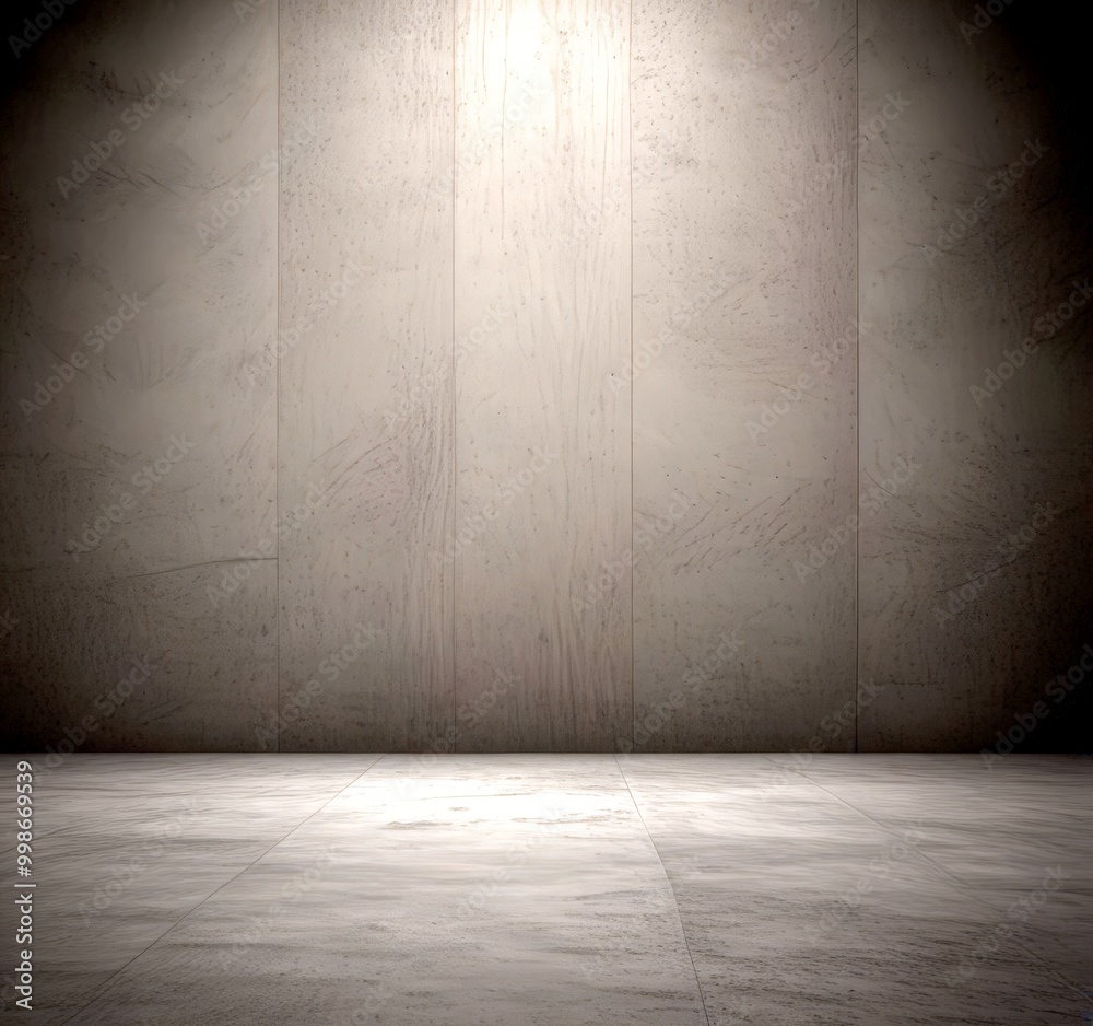 Poster A simple, empty room with a concrete floor and a wall with vertical lines