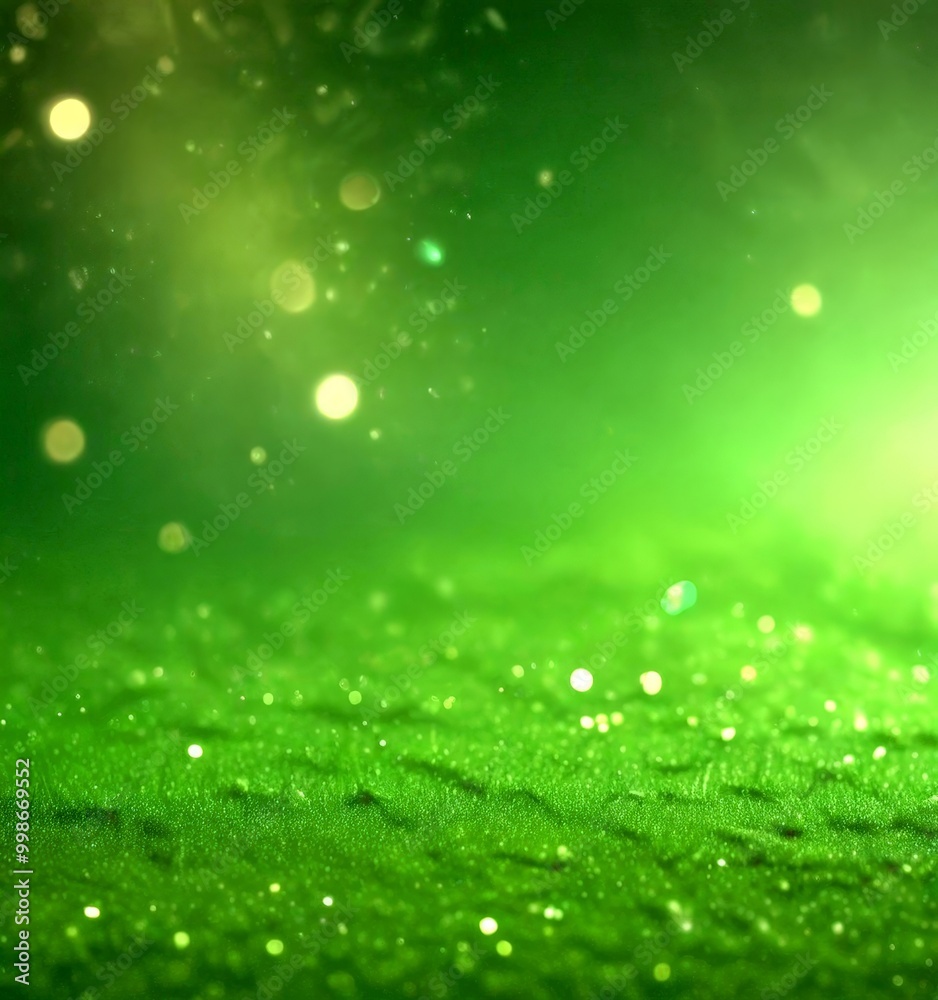 Poster a blurred, green background with a textured, grass-like surface and scattered, glowing white dots or