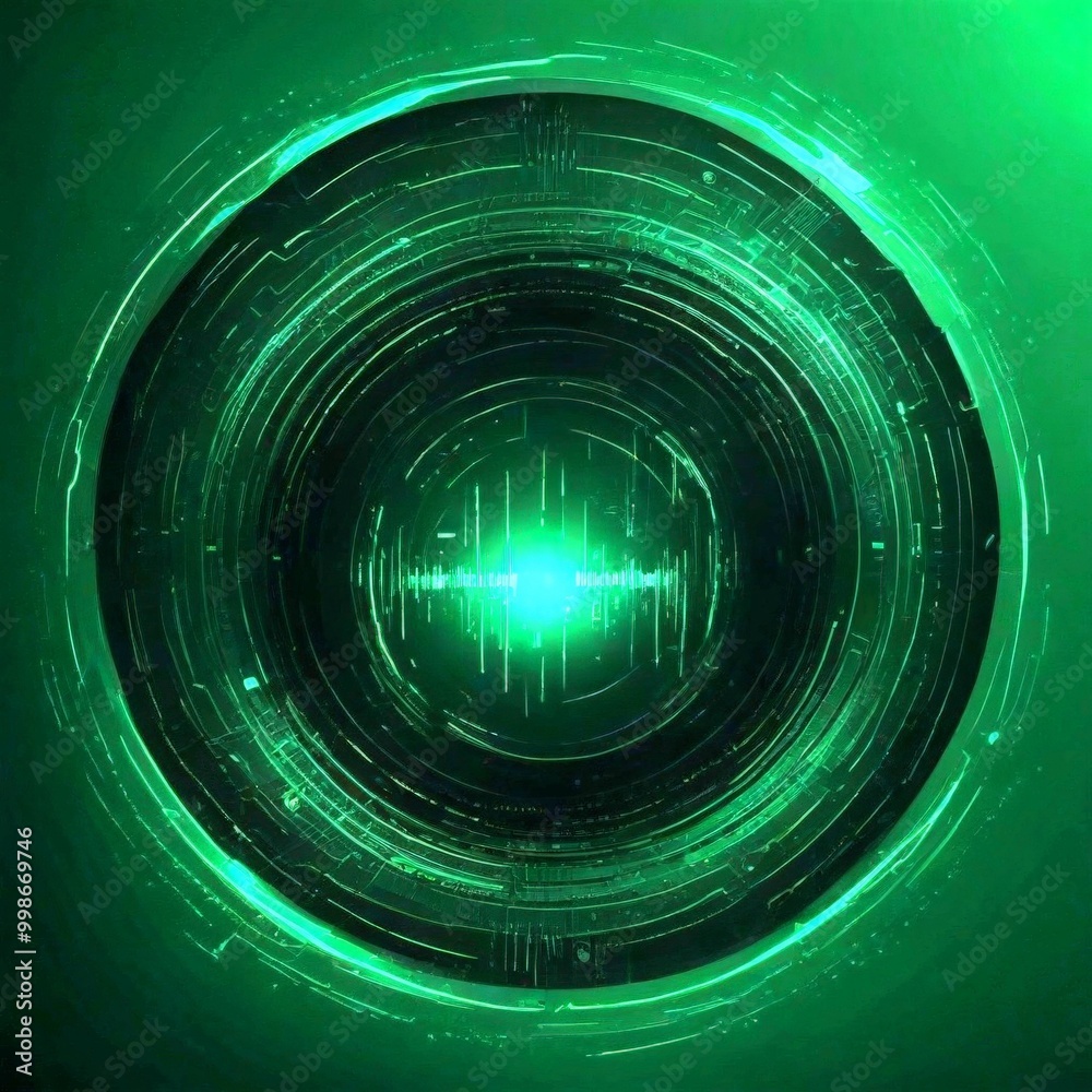 Aufkleber a circular interface with a green glow at its center, surrounded by a network of lines and dots, creating a futuristic and abstract design