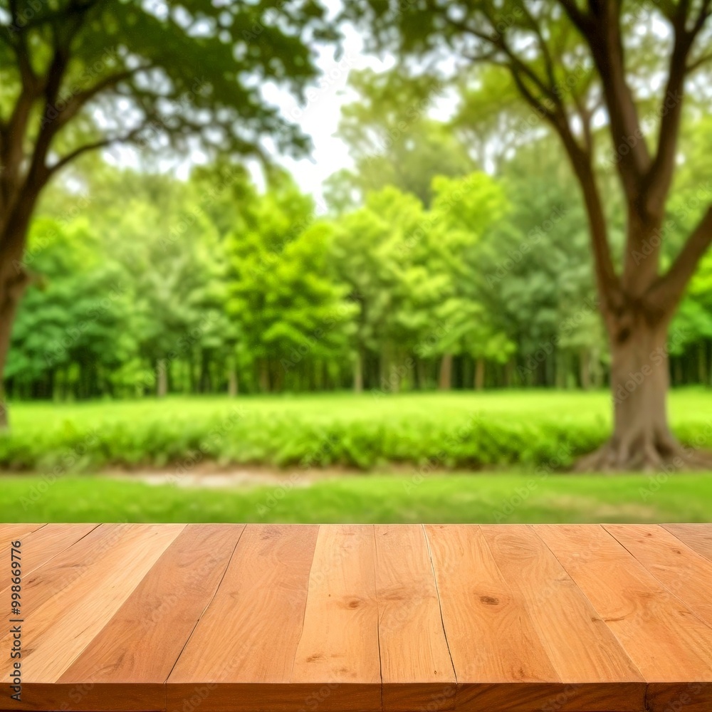 Aufkleber a wooden table in the foreground with a blurred background lush green park and trees