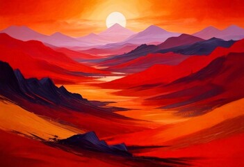 The sun sets over a mountainous landscape, casting a warm glow over the scene