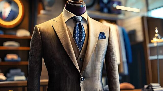 Tailored luxury suit displayed on a mannequin in a high-end boutique, highlighting fine craftsmanship, elegance, and premium menswear.

