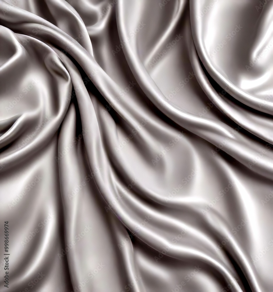 Poster a close-up view flowing, silky fabric with a smooth, shiny texture The fabric appears to be made of satin or a similar material, and the folds and creases create a sense