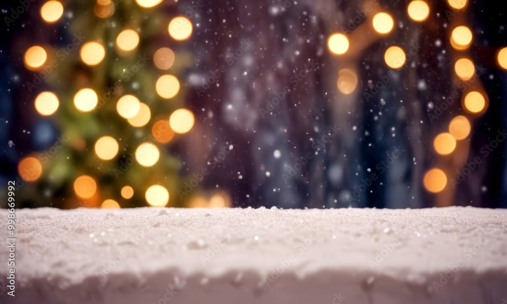 Poster a snowy landscape with a blurred christmas tree in the background, featuring a warm glow from the tr