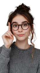 Obraz premium A young woman with glasses pointing at something interesting on a transparent background