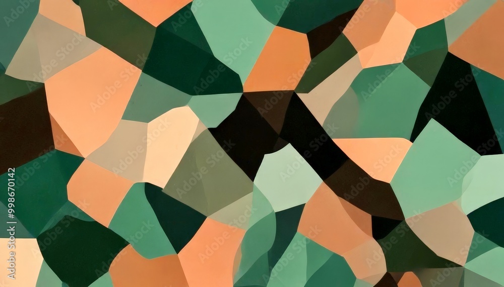 Poster a mosaic of irregularly shaped, overlapping triangles in various shades of green, brown, and beige, creating a visually striking abstract pattern