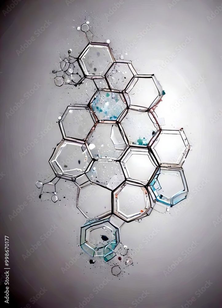 Poster a complex arrangement of hexagonal structures, with some appearing to be made of glass or a transparent material, and others appearing to be made of metal or a