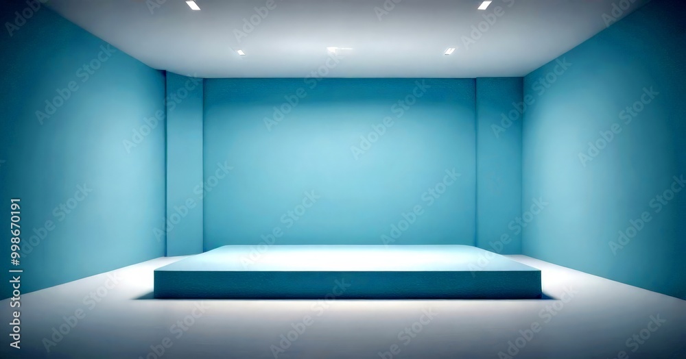 Poster An empty room with a white platform in the center, illuminated by three recessed lights on the ceiling