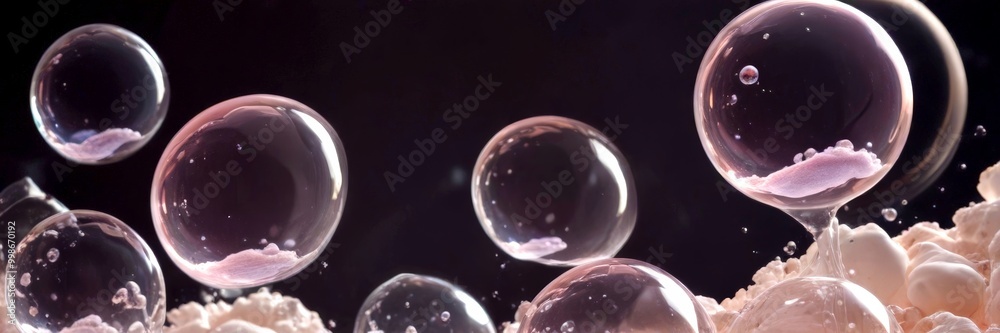 Poster a collection of transparent bubbles floating against a dark background, with the bubbles exhibiting 