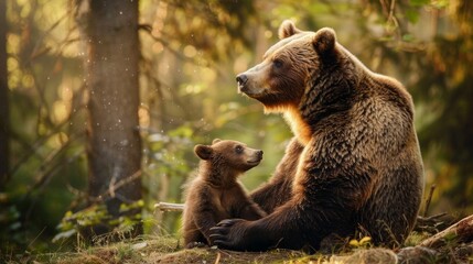 Obraz premium A mother bear and her cub are sitting in the woods
