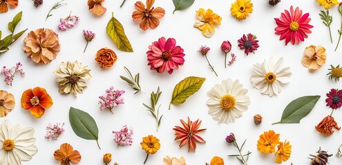 A flat lay of colorful flowers and leaves on a white background.