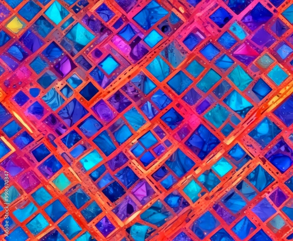 Poster a vibrant abstract pattern composed of overlapping square tiles in various shades of blue, purple, and orange, creating a dynamic and visually striking composition