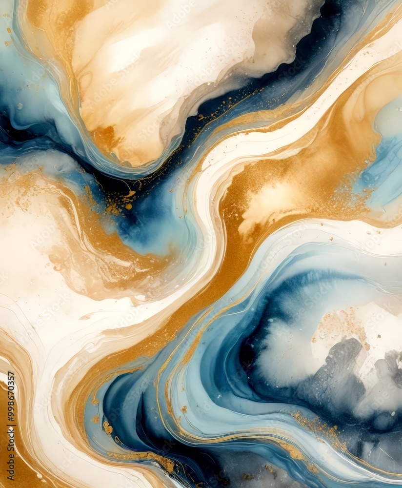 Poster an abstract painting featuring swirling patterns of blue, white, and gold colors, with splashes of gold and white adding depth and dimension to the composition
