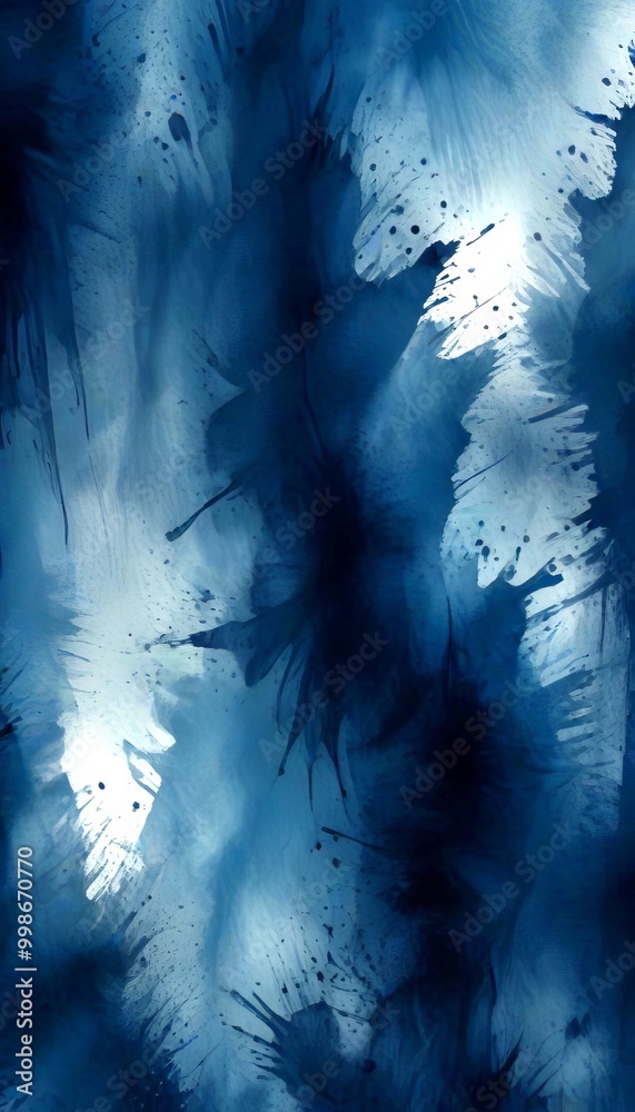 Poster a dark blue abstract background with splashes of white and black, creating a dynamic and textured composition