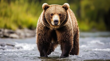 Obraz premium A brown bear standing in a stream with water rushing around its legs, looking for fish to catch