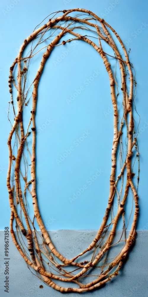 Poster a circular arrangement of light brown tree branches with small leaves, set against a light blue back