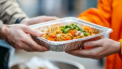 Hands exchanging a delicious meal in a foil container outdoors.