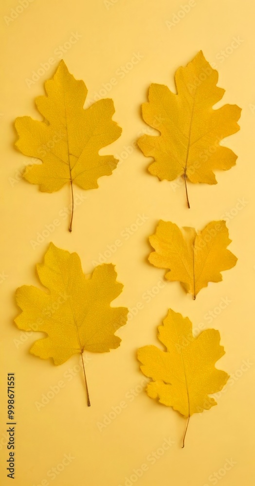 Poster six yellow maple leaves are arranged in a grid-like pattern on a yellow background