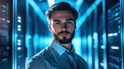 A young man wearing a blue tie and a white shirt stands confidently in a server room lit with bright blue lights.