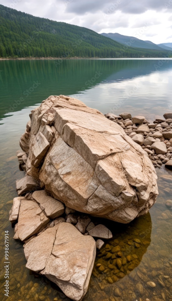 Poster A large, jagged rock partially submerged in a calm lake, with a forested mountain range in the background under a cloudy sky