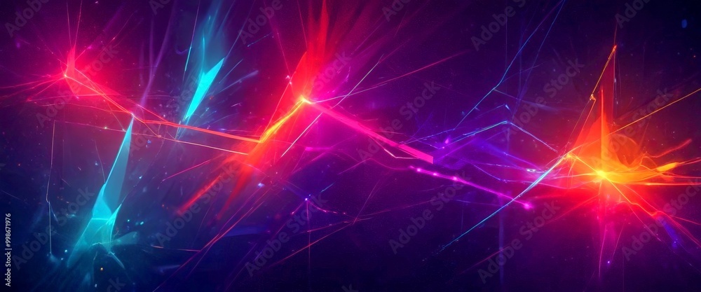 Poster a vibrant abstract composition of intersecting lines and rays of light in a variety of colors, including red, blue, green, and purple, against a dark background