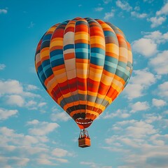 Naklejka premium Vibrant Colorful Hot Air Balloon Soaring Into the Serene Sky with Picturesque Clouds