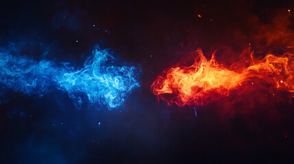 Background with blue vs red smoke effect. Abstract neon flame cloud with dust cold versus hot concept. Sports boxing competition fog transparent 