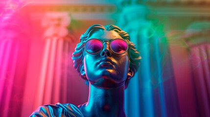 Athena statue with sunglasses, vibrant neon colors