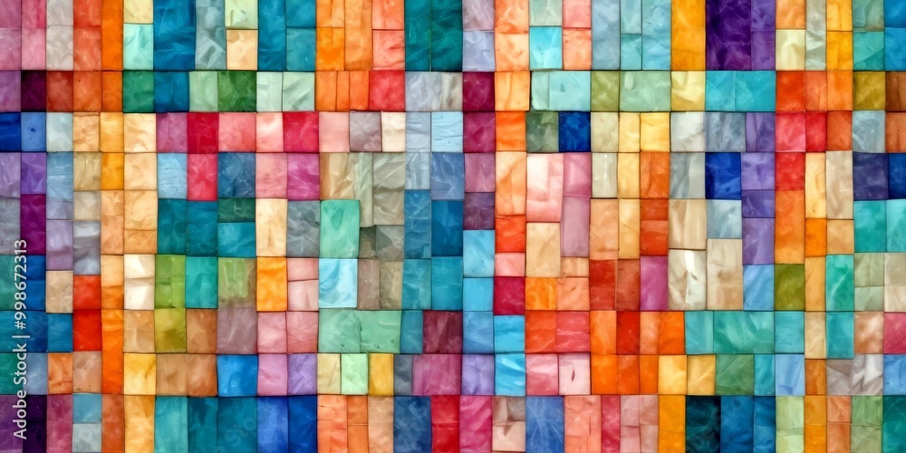 Poster a vibrant mosaic composed of multicolored rectangular tiles arranged in a grid-like pattern The tiles display a range of colors, including shades of blue,