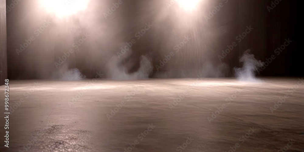 Poster a dimly lit room with a concrete floor, featuring a large, billowing cloud of smoke in the center, c