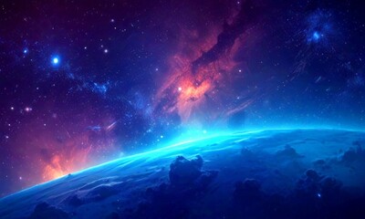 Fototapeta premium a serene, star-studded night sky with a glowing blue planet in the foreground, surrounded by a vast expanse of space
