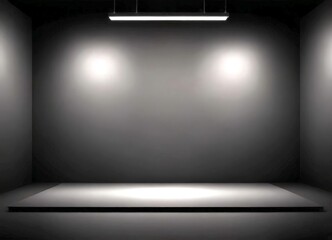A dimly lit room with a long, rectangular light fixture hanging from the ceiling, casting a bright spot on the floor below