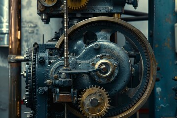 Fototapeta premium Close up view of an old industrial machine with gears and cogwheels operating