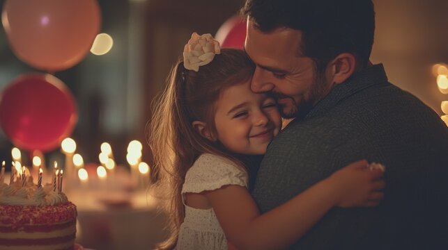 Happy father and daughter hugging during birthday party celebration with cake and balloons.