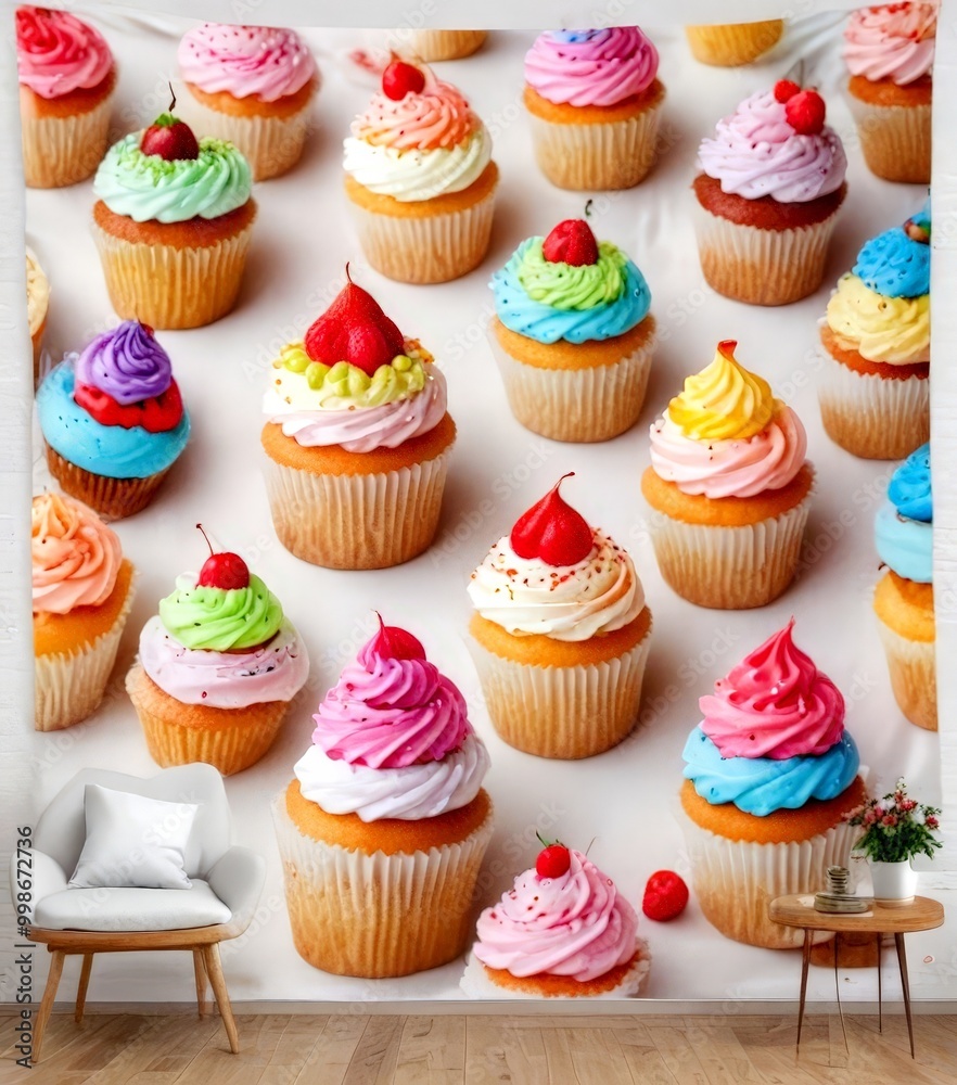Aufkleber A tapestry of colorful cupcakes with various frosting and toppings, arranged in a grid-like pattern against a white background