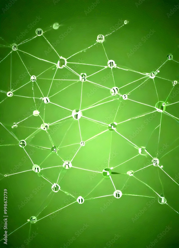 Poster A network of interconnected nodes, each represented by a small icon, forming a complex web-like structure against a green background