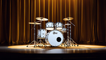 A drum set placed on a stage, illuminated by a spotlight, A drum set placed on a stage, illuminated by a spotlight