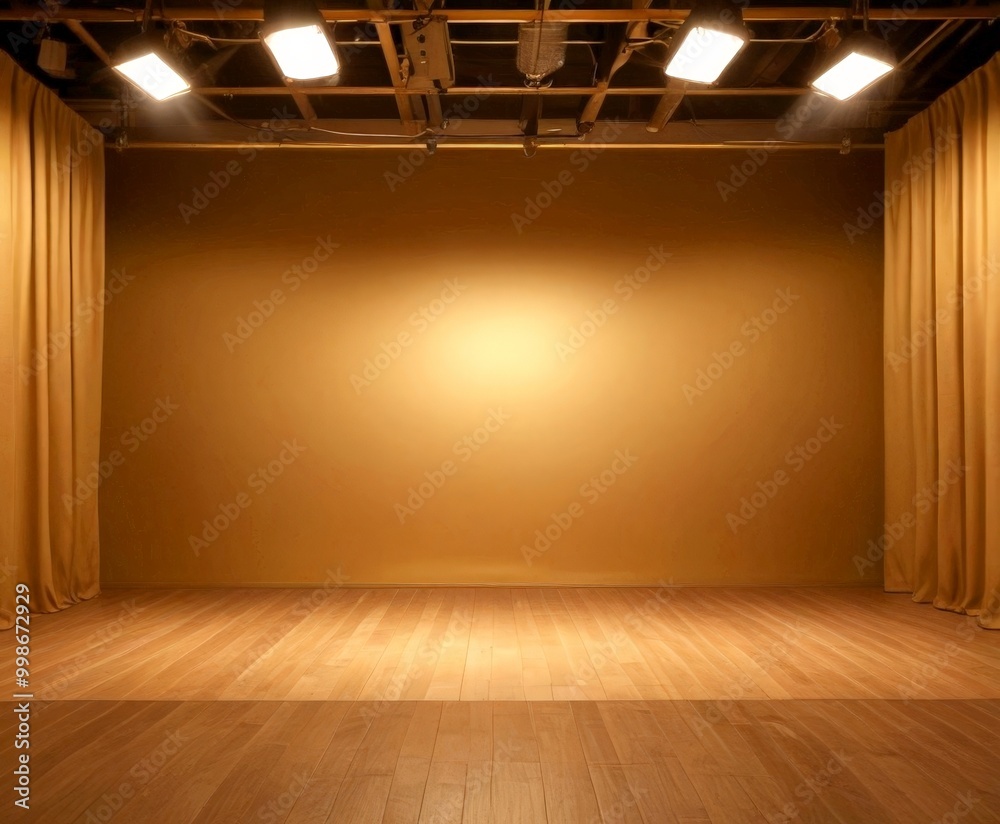 Poster an empty stage with a wooden floor and a beige curtain, illuminated by three spotlights