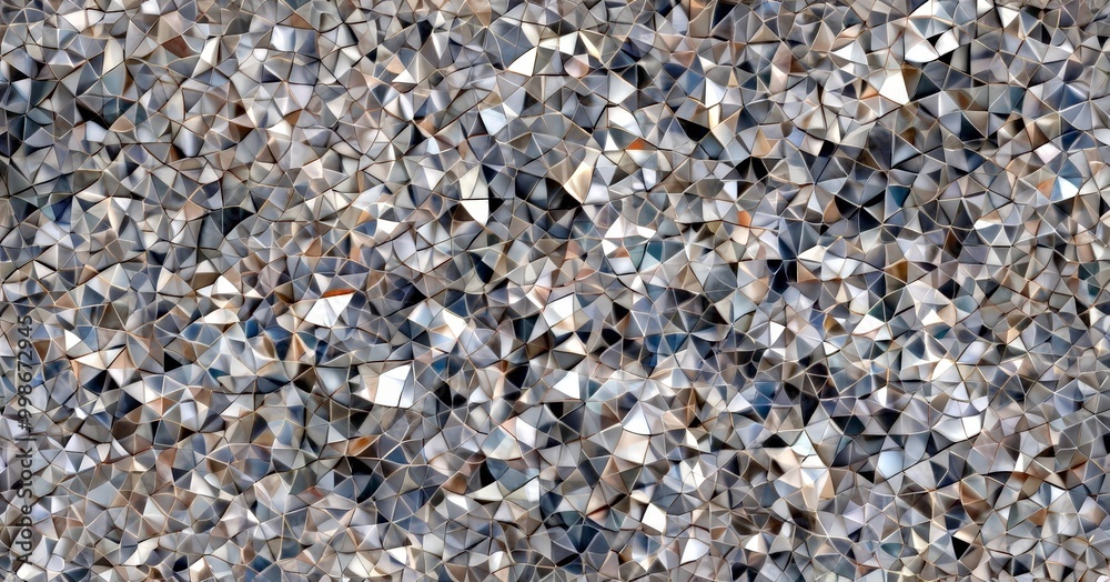 Poster a mosaic pattern composed of numerous small, irregularly shaped tiles in shades of gray and white, creating a textured and visually interesting surface