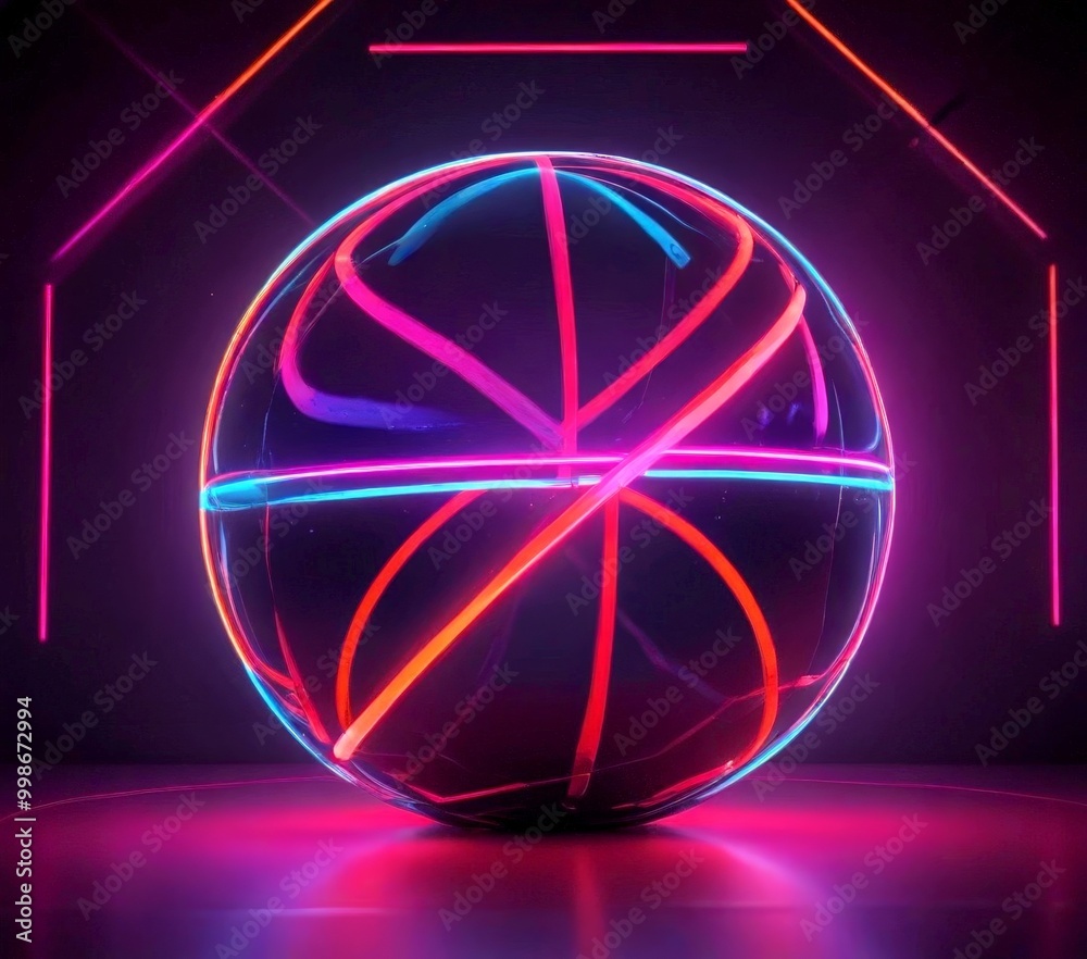 Poster A neon-lit sphere with a geometric pattern of intersecting lines and a reflective surface, set against a dark background with pink and orange lights