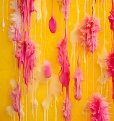a vibrant abstract painting with a yellow background and a variety of pink and white paint splatters and drips, creating a dynamic and textured composition