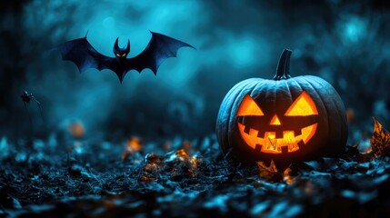 Fototapeta premium Halloween themed image with a glowing pumpkin and bat in dark setting