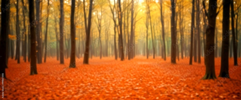 Poster a serene autumn forest scene with a path of fallen leaves, tall trees, and a hazy atmosphere