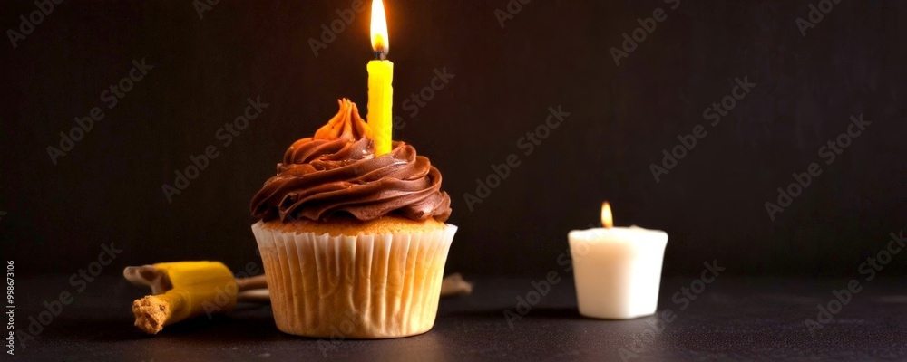 Poster a cupcake with chocolate frosting and a single lit candle sits on a dark surface, accompanied by a l