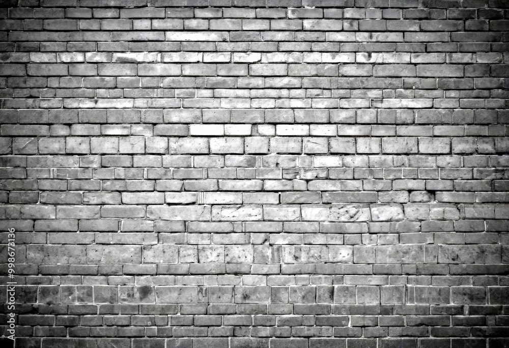 Poster a monochromatic brick wall, with varying shades of gray and black bricks arranged in a uniform patte